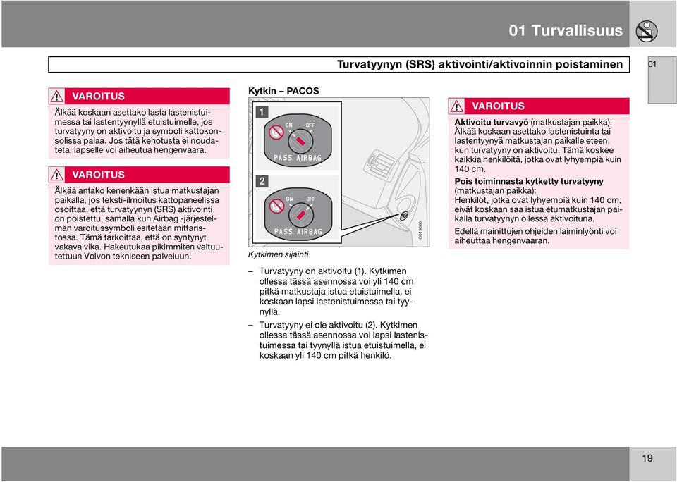 VAROITUS Älkää antako kenenkään istua matkustajan paikalla, jos teksti-ilmoitus kattopaneelissa osoittaa, että turvatyynyn (SRS) aktivointi on poistettu, samalla kun Airbag -järjestelmän