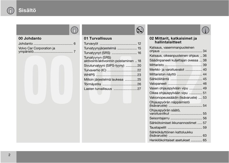 .. 26 Lasten turvallisuus... 27 02 Mittarit, katkaisimet ja hallintalaitteet Katsaus, vasemmanpuoleinen ohjaus... 34 Katsaus, oikeanpuoleinen ohjaus.. 36 Säädinpaneeli kuljettajan ovessa.