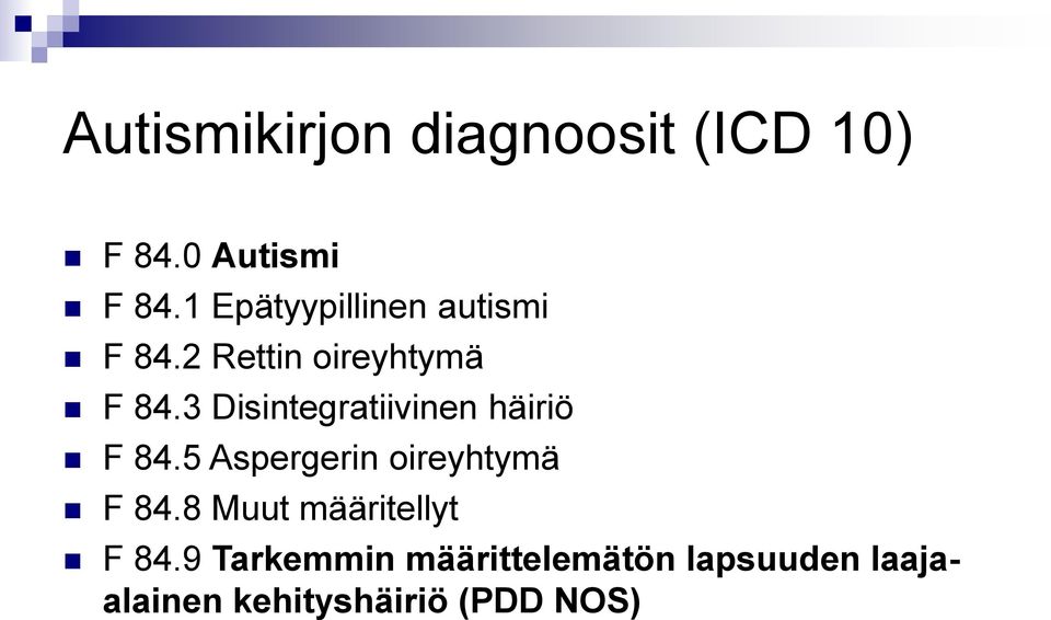 3 Disintegratiivinen häiriö F 84.5 Aspergerin oireyhtymä F 84.