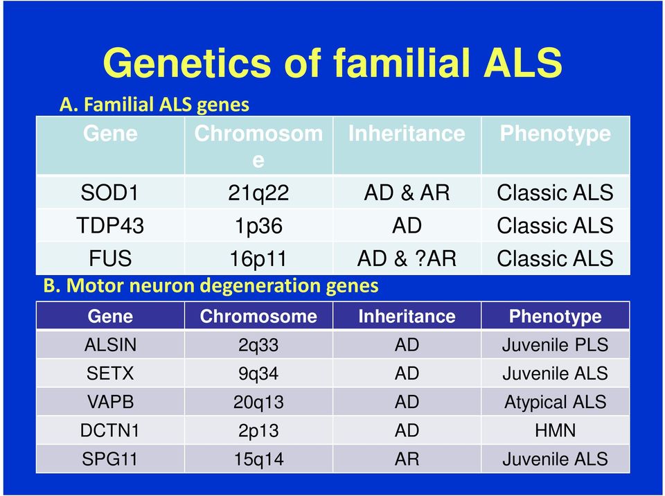 TDP43 1p36 AD Classic ALS FUS 16p11 AD &?AR Classic ALS B.