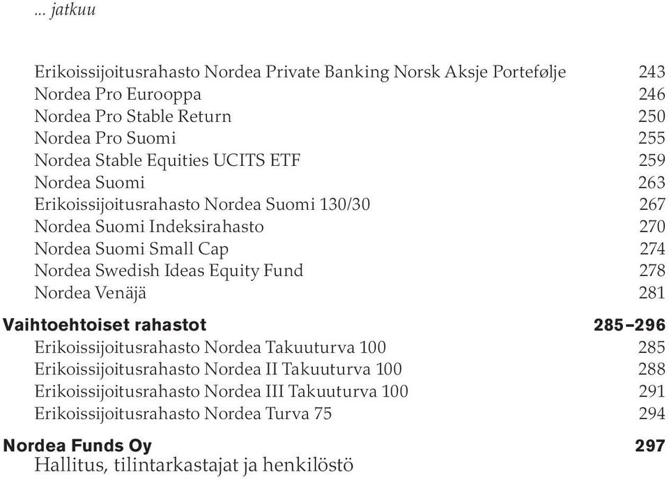 Nordea Swedish Ideas Equity Fund 278 Nordea Venäjä 281 rahastot 285 296 Erikoissijoitusrahasto Nordea Takuuturva 100 285 Erikoissijoitusrahasto Nordea II