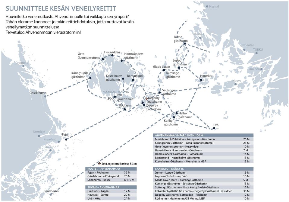 Öregrund Geta (luonnonsatama) Käringsunds Havsvidden Kastelholms Hamnsundets Bomarsund Glada Laxen Jurmo Lappo Kumlinge Kustavi Houtskär Nauvo Naantali TURKU Parainen Grisslehamn MAARIANHAMINA MSF