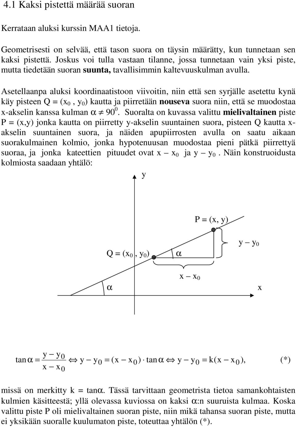 Asetellaanpa aluksi koordinaatistoon viivoitin, niin että sen syrjälle asetettu kynä käy pisteen Q = ( 0, y 0 ) kautta ja piirretään nouseva suora niin, että se muodostaa -akselin kanssa kulman α 90