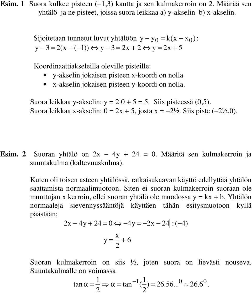 y-koordi on nolla. Suora leikkaa y-akselin: y = 0 + 5 = 5. Siis pisteessä (0,5). Suora leikkaa -akselin: 0 = + 5, josta = ½. Siis piste ( ½,0). Esim. Suoran yhtälö on 4y + 4 = 0.