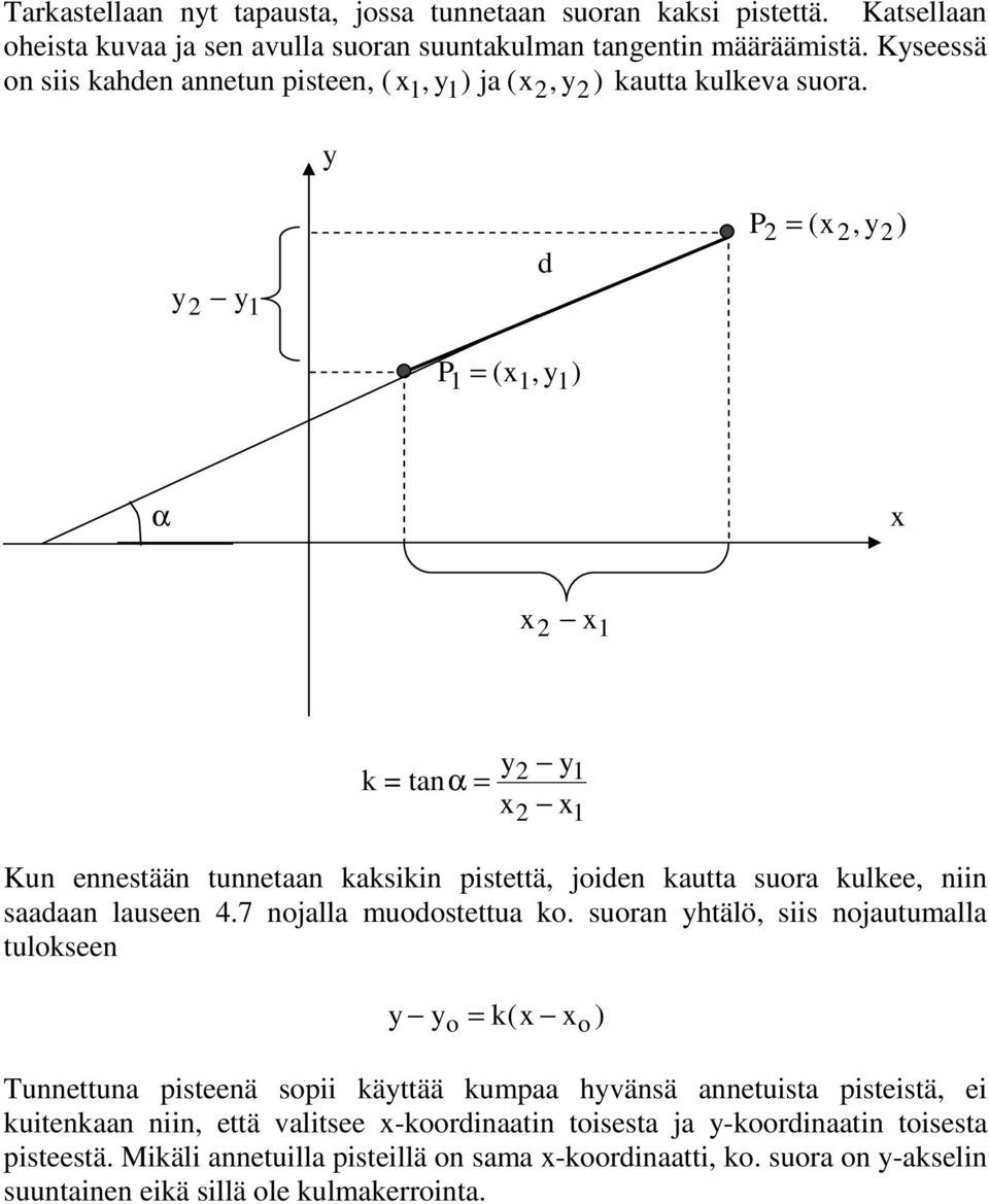 y y y 1 d P (1, y1) 1 = P = (, y) α 1 k = tanα = y y 1 1 Kun ennestään tunnetaan kaksikin pistettä, joiden kautta suora kulkee, niin saadaan lauseen 4.7 nojalla muodostettua ko.