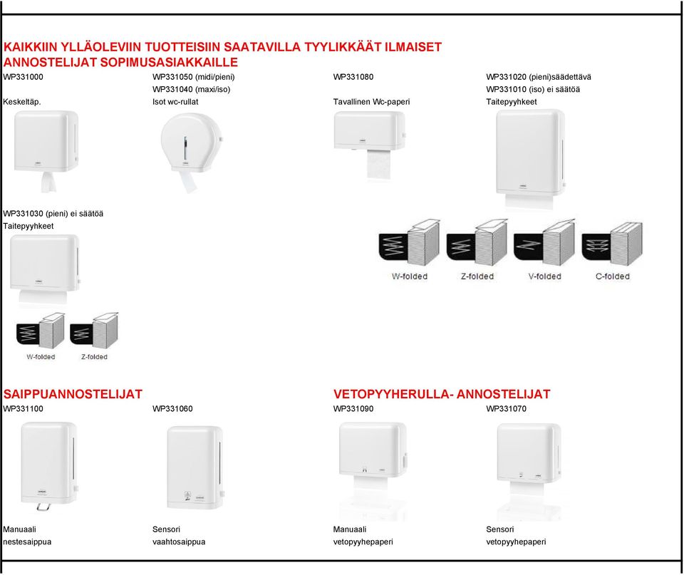 Isot wc-rullat Tavallinen Wc-paperi Taitepyyhkeet WP331030 (pieni) ei säätöä Taitepyyhkeet SAIPPUANNOSTELIJAT
