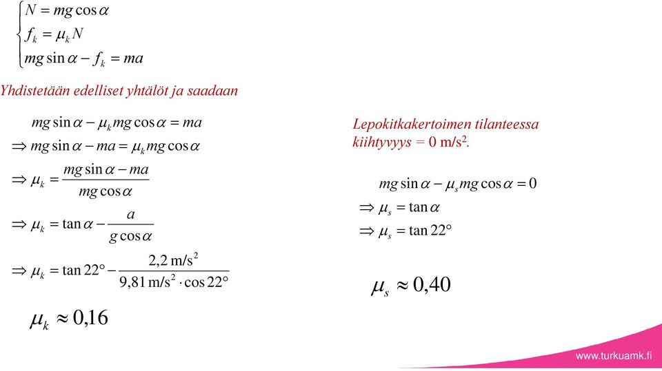 a k tan g cos, m/s k tan 9,81 m/s cos k 0,16 Lepokitkakertoimen