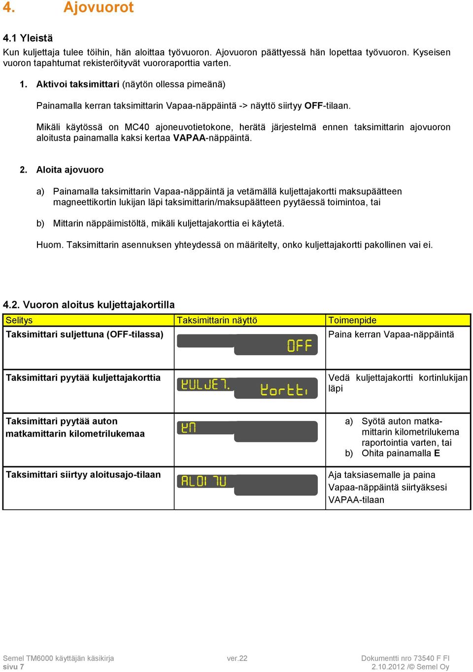 Mikäli käytössä on MC40 ajoneuvotietokone, herätä järjestelmä ennen taksimittarin ajovuoron aloitusta painamalla kaksi kertaa VAPAA-näppäintä. 2.