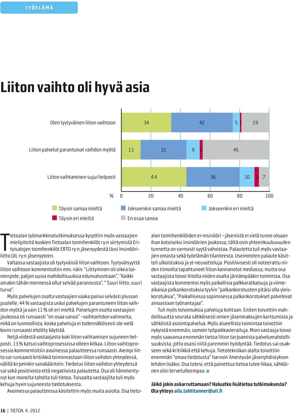 Tietoalan toimihenkilöt ry:n siirtymistä Erityisalojen toimihenkilöt ERTO ry:n jäsenyydestä Uusi Insinööriliitto UIL ry:n jäsenyyteen. Valtaosa vastaajista oli tyytyväisiä liiton vaihtoon.