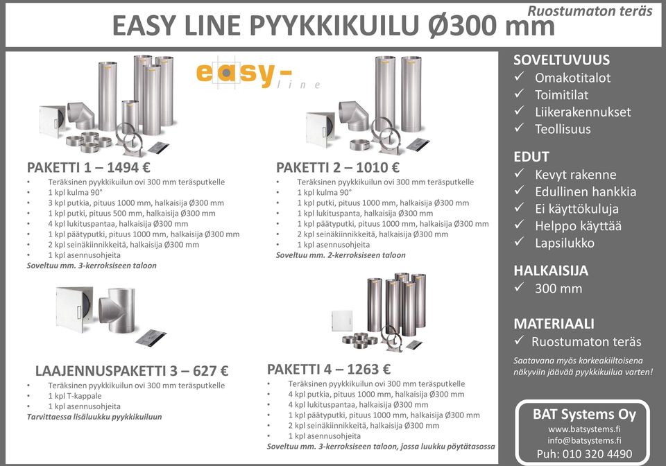 3-kerroksiseen taloon LAAJENNUSPAKETTI 3 627 Teräksinen pyykkikuilun ovi 300 mm teräsputkelle 1 kpl T-kappale Tarvittaessa lisäluukku pyykkikuiluun PAKETTI 2 1010 Teräksinen pyykkikuilun ovi 300 mm