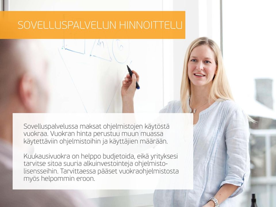 Kuukausivuokra on helppo budjetoida, eikä yrityksesi tarvitse sitoa suuria