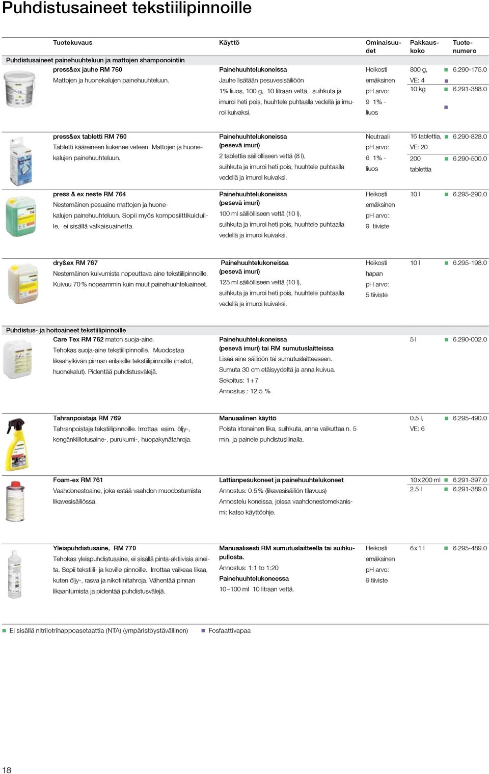 liuos Pakkauskoko Tuotenumero 800 g, 6.290-175.0 VE: 4 10 kg 6.291-388.0 press&ex tabletti RM 760 Tabletti kääreineen liukenee veteen. Mattojen ja huonekalujen painehuuhteluun.