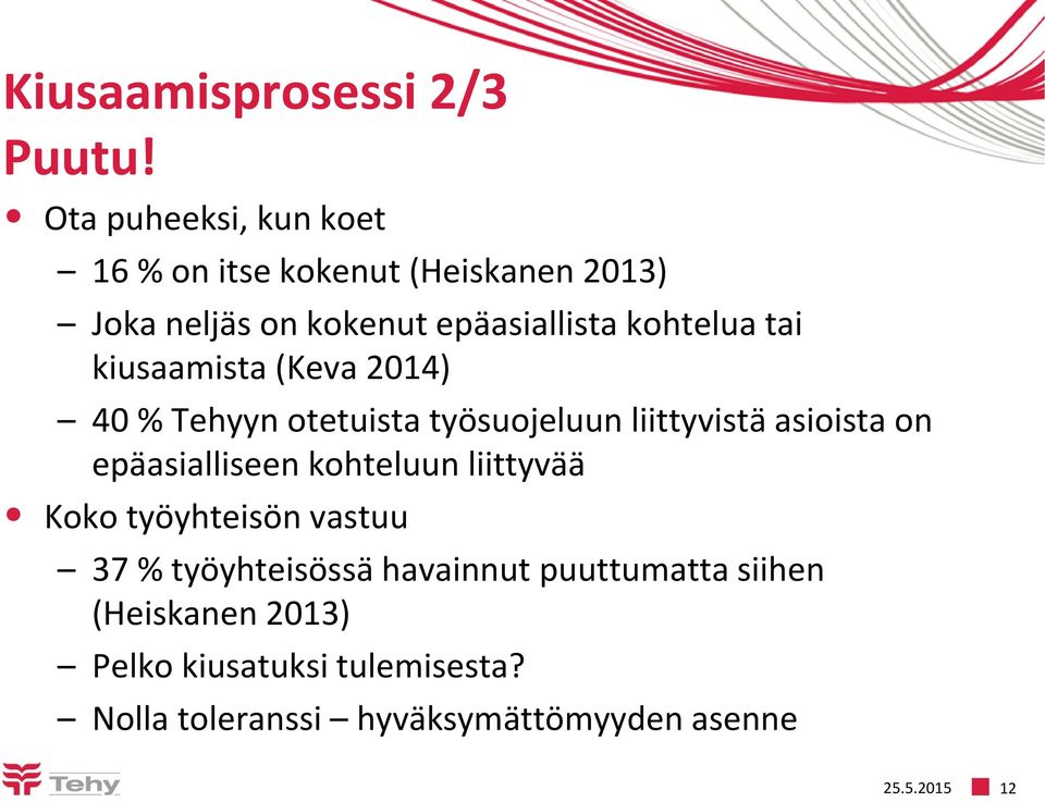 tai kiusaamista (Keva 2014) 40 % Tehyyn otetuista työsuojeluun liittyvistä asioista on epäasialliseen
