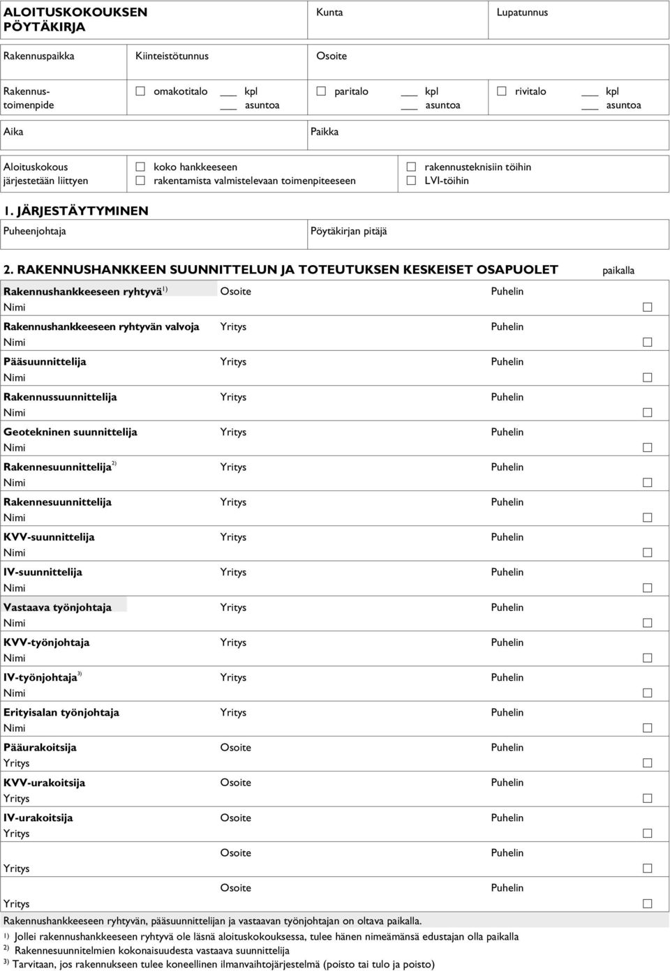 RAKENNUSHANKKEEN SUUNNITTELUN JA TOTEUTUKSEN KESKEISET OSAPUOLET paikalla Rakennushankkeeseen ryhtyvä 1) Osoite Puhelin Rakennushankkeeseen ryhtyvän valvoja Yritys Puhelin Pääsuunnittelija Yritys