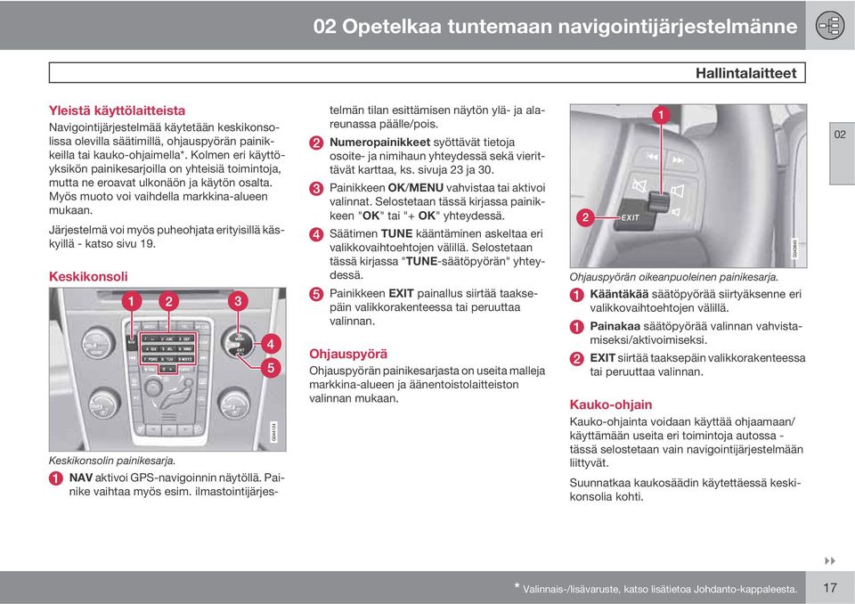 Järjestelmä voi myös puheohjata erityisillä käskyillä - katso sivu 19. Keskikonsoli Keskikonsolin painikesarja. NAV aktivoi GPS-navigoinnin näytöllä. Painike vaihtaa myös esim.