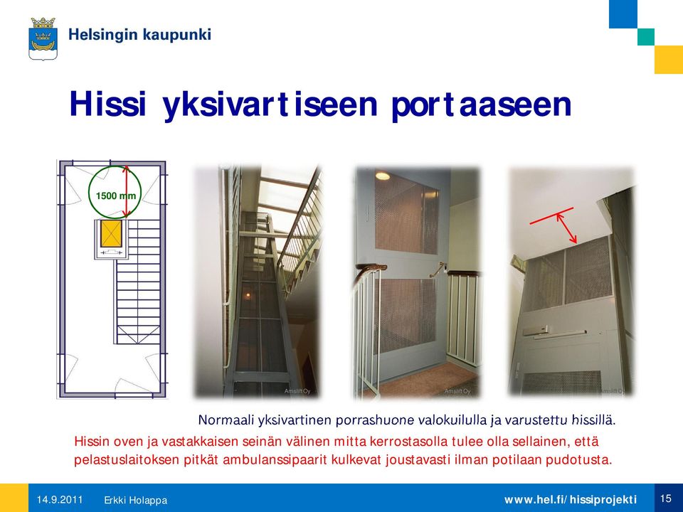 Hissin oven ja vastakkaisen seinän välinen mitta kerrostasolla tulee olla