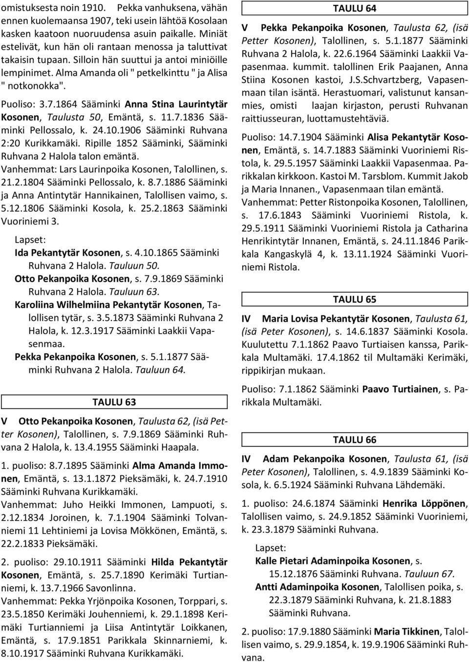 1864 Sääminki Anna Stina Laurintytär Kosonen, Taulusta 50, Emäntä, s. 11.7.1836 Sääminki Pellossalo, k. 24.10.1906 Sääminki Ruhvana 2:20 Kurikkamäki.