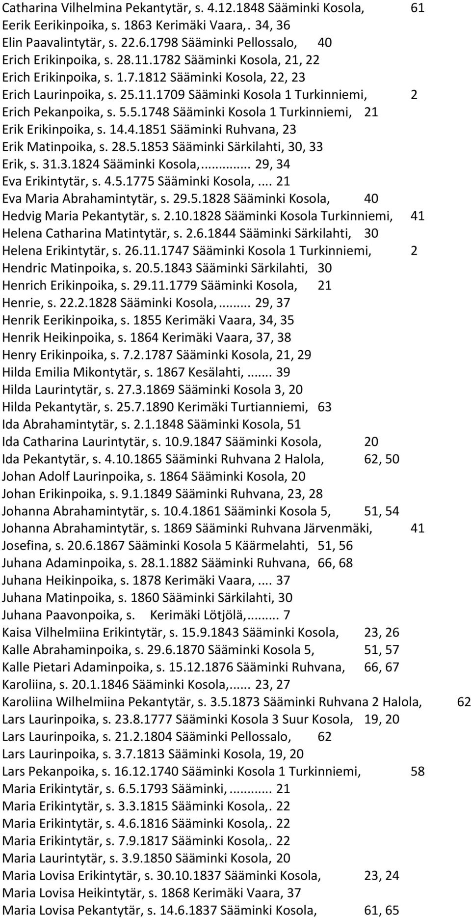 14.4.1851 Sääminki Ruhvana, 23 Erik Matinpoika, s. 28.5.1853 Sääminki Särkilahti, 30, 33 Erik, s. 31.3.1824 Sääminki Kosola,... 29, 34 Eva Erikintytär, s. 4.5.1775 Sääminki Kosola,.