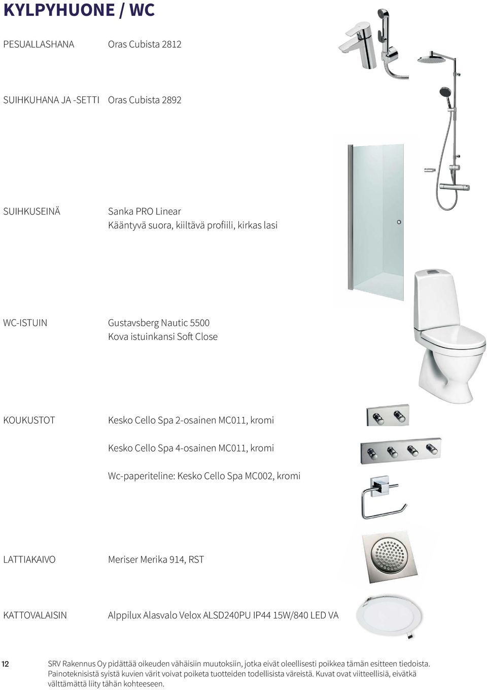 Spa 4-osainen MC011, kromi Wc-paperiteline: Kesko Cello Spa MC002, kromi LATTIAKAIVO Meriser Merika 914, RST KATTOVALAISIN Alppilux Alasvalo