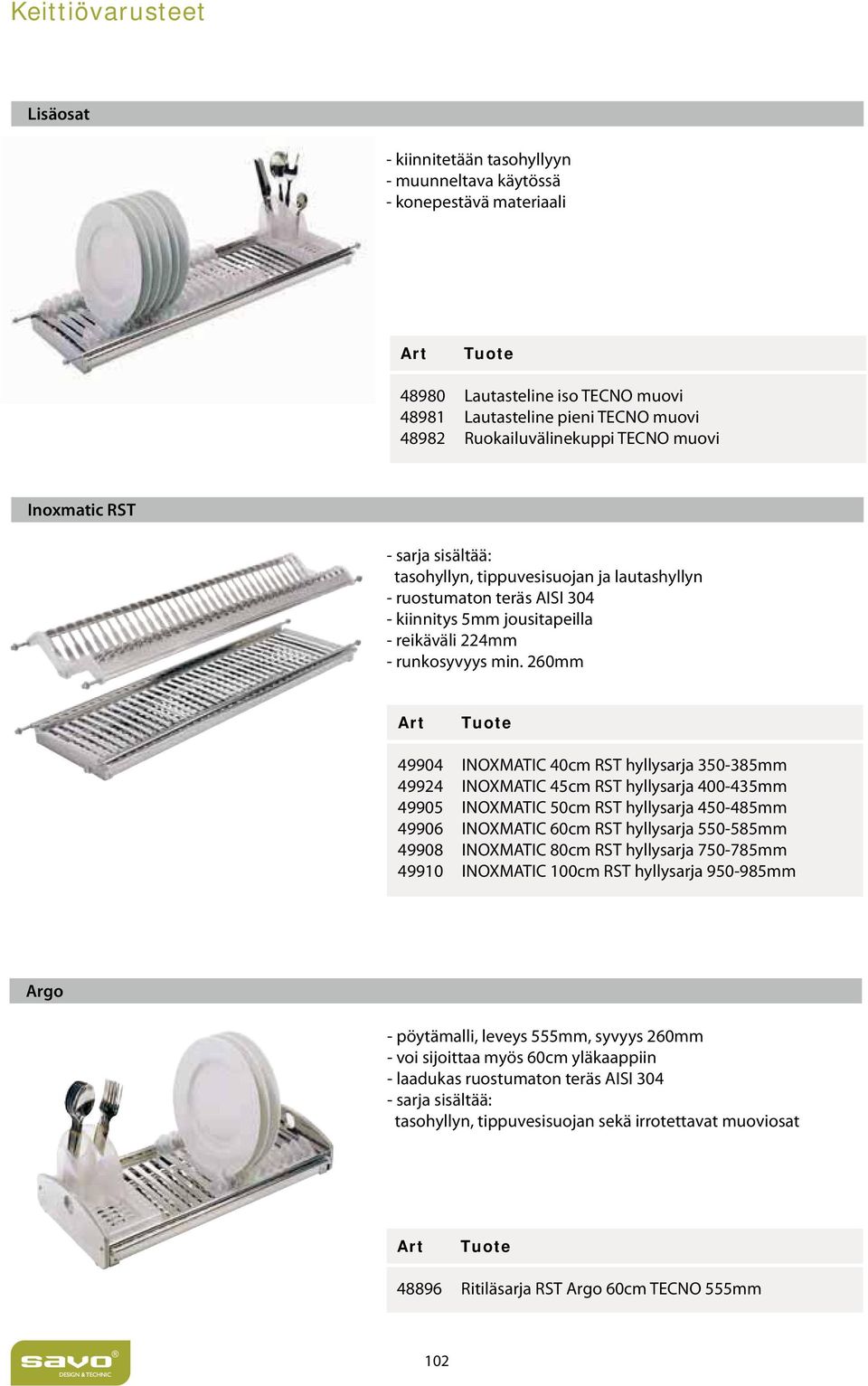 260mm 49904 INOXMATIC 40cm RST hyllysarja 350-385mm 49924 INOXMATIC 45cm RST hyllysarja 400-435mm 49905 INOXMATIC 50cm RST hyllysarja 450-485mm 49906 INOXMATIC 60cm RST hyllysarja 550-585mm 49908