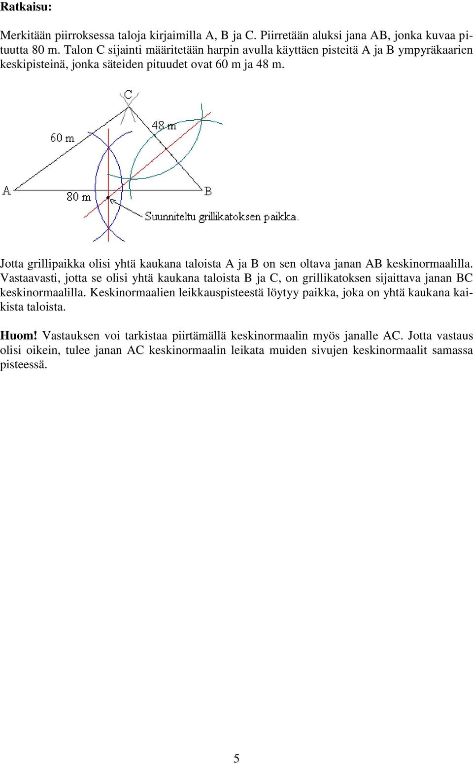 Jotta grillipaikka olisi yhtä kaukana taloista A ja B on sen oltava janan AB keskinormaalilla.