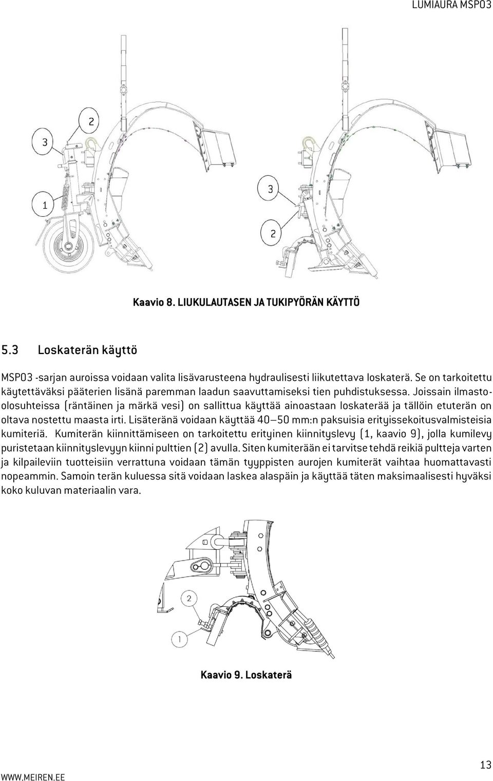 Joissain ilmastoolosuhteissa (räntäinen ja märkä vesi) on sallittua käyttää ainoastaan loskaterää ja tällöin etuterän on oltava nostettu maasta irti.