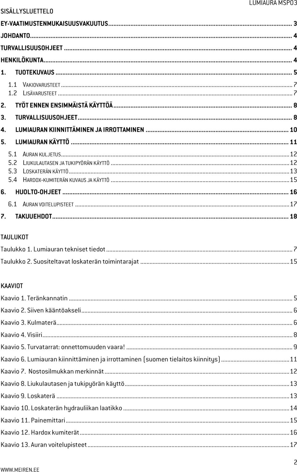 2 LIUKULAUTASEN JA TUKIPYÖRÄN KÄYTTÖ... 12 5.3 LOSKATERÄN KÄYTTÖ... 13 5.4 HARDOX-KUMITERÄN KUVAUS JA KÄYTTÖ... 15 6. HUOLTO-OHJEET... 16 6.1 AURAN VOITELUPISTEET... 17 7. TAKUUEHDOT.
