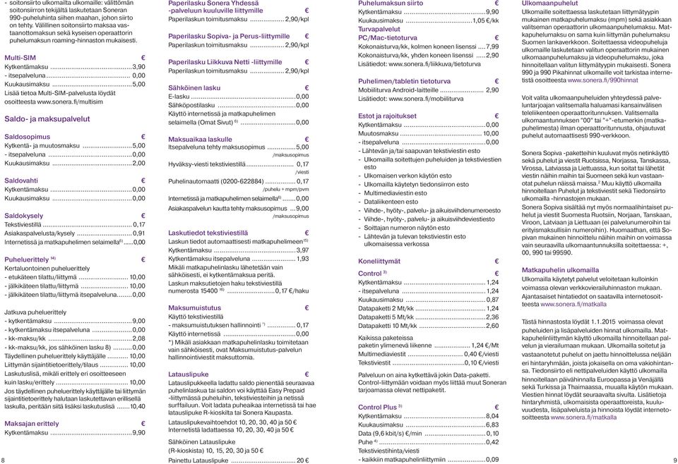 ..5,00 Lisää tietoa Multi-SIM-palvelusta löydät osoitteesta www.sonera.fi/multisim Saldo- ja maksupalvelut Saldosopimus Kytkentä- ja muutosmaksu...5,00 Kuukausimaksu...2,00 Saldovahti Kytkentämaksu.