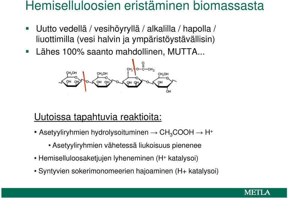 .. Uutoissa tapahtuvia reaktioita: Asetyyliryhmien hydrolysoituminen CH 3 COOH H + Asetyyliryhmien