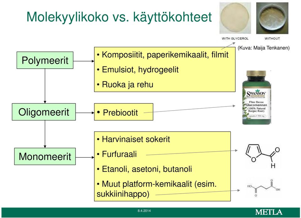 Emulsiot, hydrogeelit Ruoka ja rehu (Kuva: Maija Tenkanen) Oligomeerit