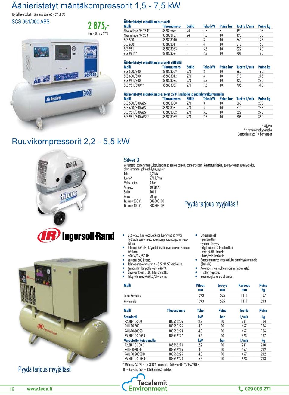 382803011-4 10 510 160 SCS 951 382803033-5,5 10 622 170 SCS 981** 382803034-7,5 10 705 180 Äänieristetyt mäntäkompressorit säiliöllä Malli Tilausnumero kw Paine bar Tuotto l/min kg SCS 500/300