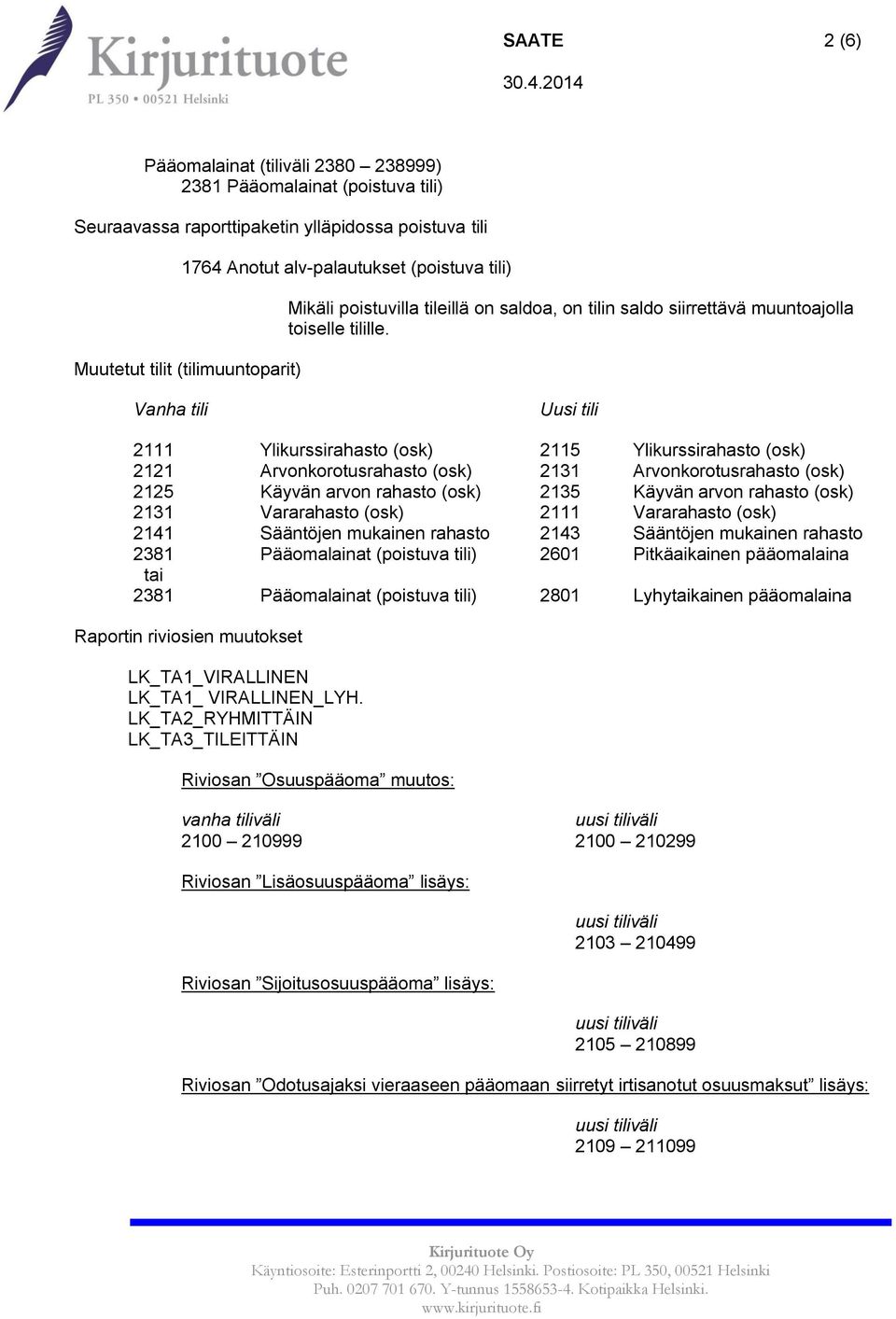 Vanha tili Uusi tili 2111 Ylikurssirahasto (osk) 2115 Ylikurssirahasto (osk) 2121 Arvonkorotusrahasto (osk) 2131 Arvonkorotusrahasto (osk) 2125 Käyvän arvon rahasto (osk) 2135 Käyvän arvon rahasto