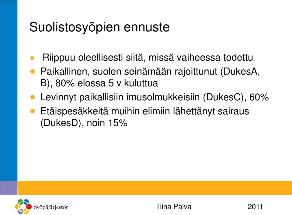 elossa 5 v kuluttua Levinnyt paikallisiin imusolmukkeisiin (DukesC),