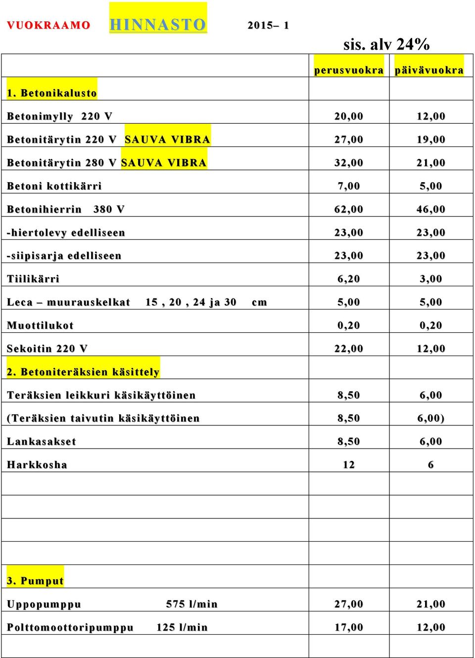 5,00 Betonihierrin 380 V 62,00 46,00 -hiertolevy edelliseen 23,00 23,00 -siipisarja edelliseen 23,00 23,00 Tiilikärri 6,20 3,00 Leca muurauskelkat 15, 20, 24 ja 30 cm 5,00