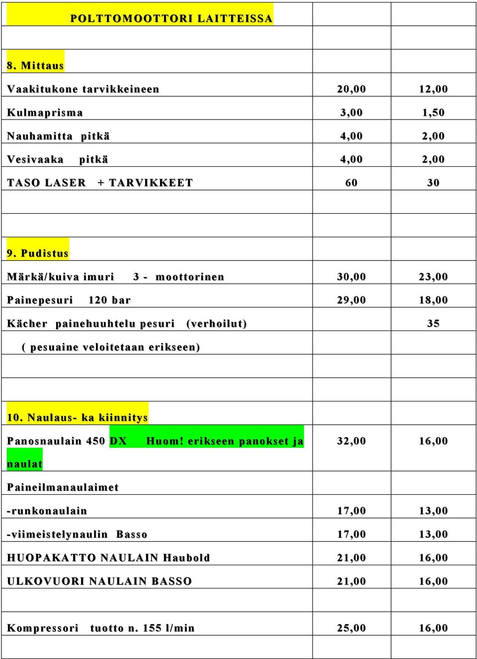 Pudistus Märkä/kuiva imuri 3 - moottorinen 30,00 23,00 Painepesuri 120 bar 29,00 18,00 Kächer painehuuhtelu pesuri (verhoilut) 35 ( pesuaine veloitetaan