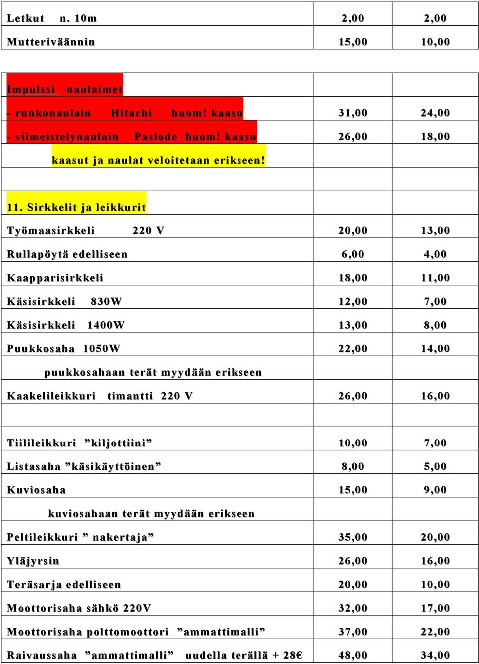 Sirkkelit ja leikkurit Työmaasirkkeli 220 V 20,00 13,00 Rullapöytä edelliseen 6,00 4,00 Kaapparisirkkeli 18,00 11,00 Käsisirkkeli 830W 12,00 7,00 Käsisirkkeli 1400W 13,00 8,00 Puukkosaha 1050W 22,00