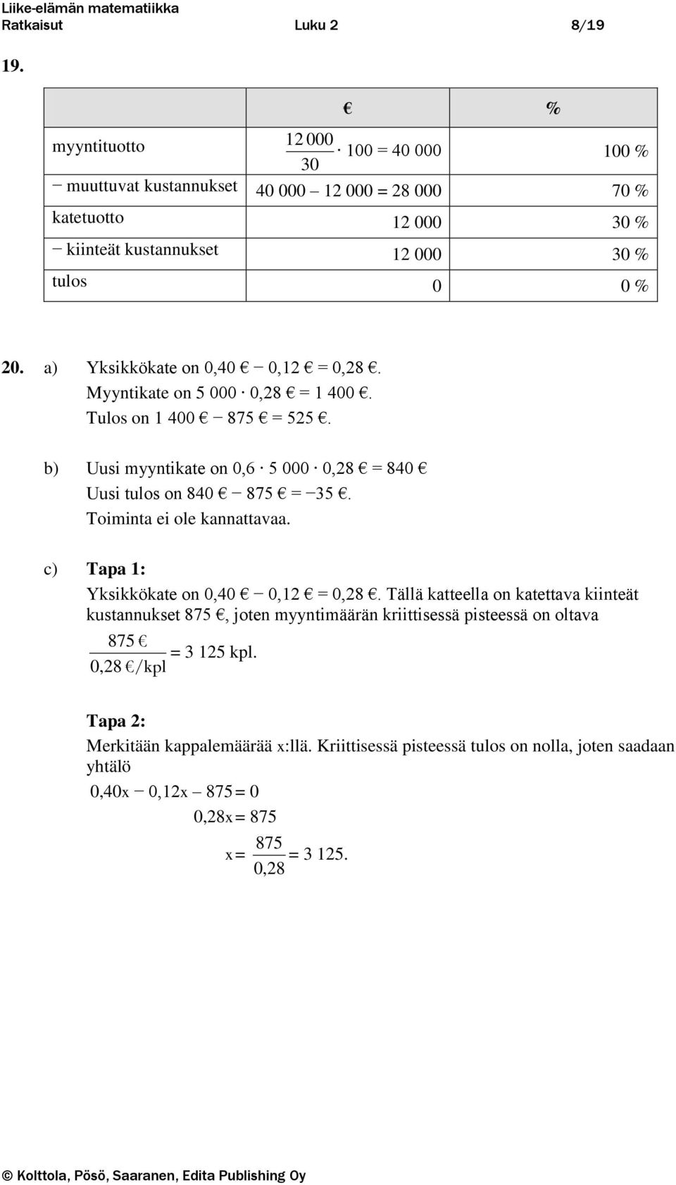 a) Yksikkökate o 0,40 0,12 = 0,28. Myytikate o 5 000 0,28 = 1 400. Tulos o 1 400 875 = 525. b) Uusi myytikate o 0,6 5 000 0,28 = 840 Uusi tulos o 840 875 = 35. Toimita ei ole kaattavaa.