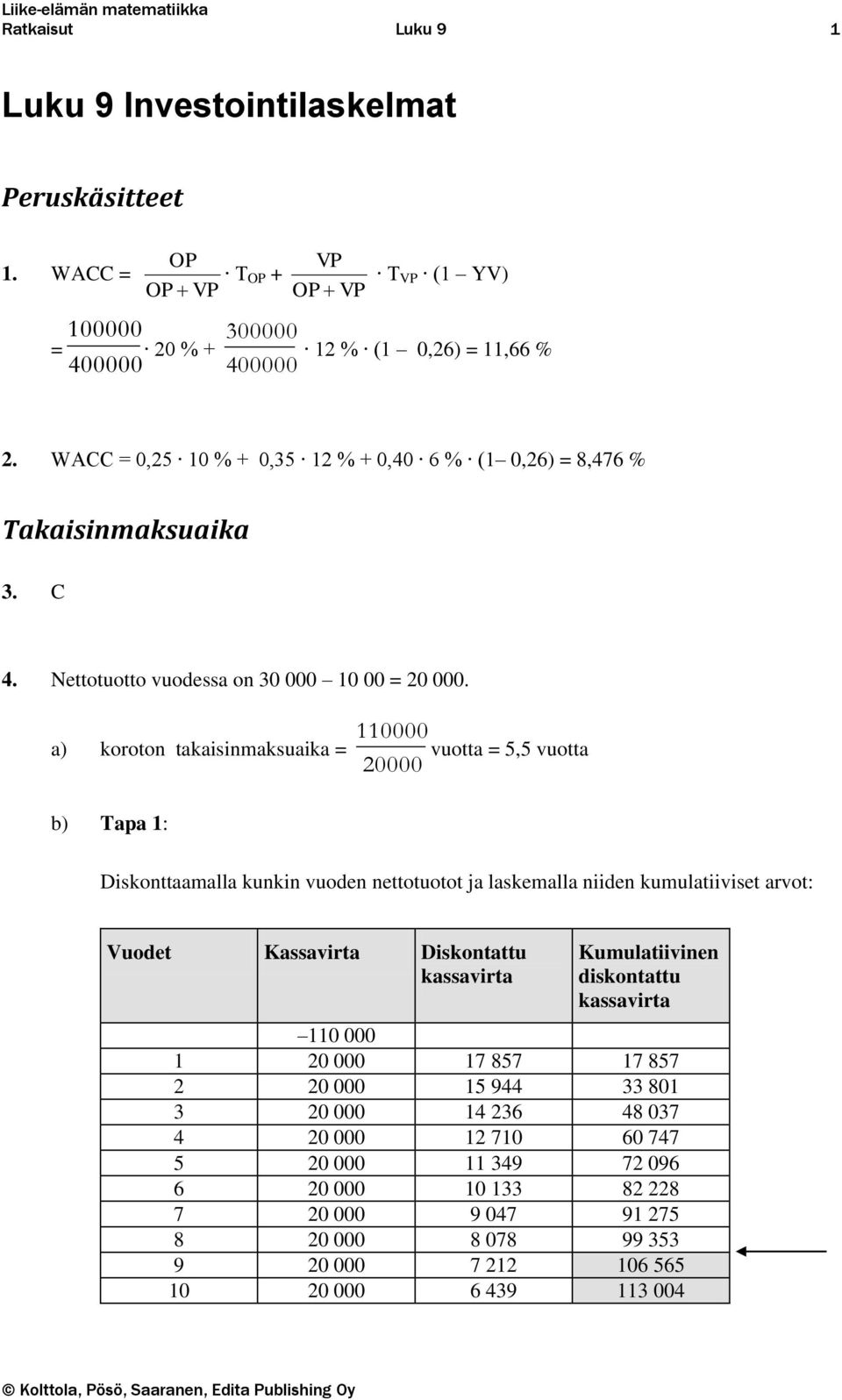 a) koroto takaisimaksuaika = 110000 vuotta = 5,5 vuotta 20000 b) Tapa 1: Diskottaamalla kuki vuode ettotuotot ja laskemalla iide kumulatiiviset arvot: Vuodet Kassavirta Diskotattu kassavirta