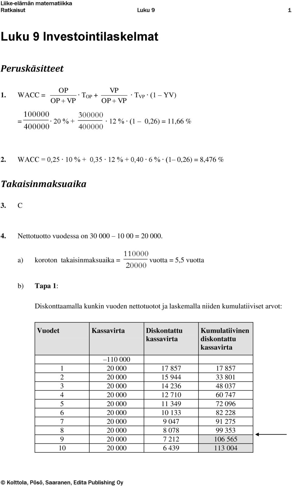 a) koroto takaisimaksuaika = 110000 vuotta = 5,5 vuotta 20000 b) Tapa 1: Diskottaamalla kuki vuode ettotuotot ja laskemalla iide kumulatiiviset arvot: Vuodet Kassavirta Diskotattu kassavirta