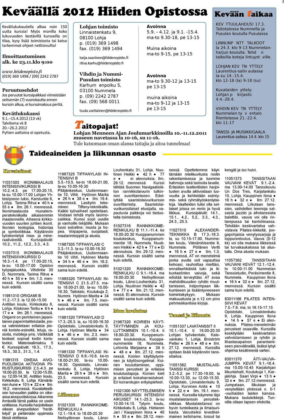 fi (019) 369 1498 / (09) 2242 2787 Peruutusehdot Jos peruutat kurssipaikkasi viimeistään seitsemän (7) vuorokautta ennen kurssin alkua, ei kurssimaksua peritä. Kevätlukukausi 9.1. 15.4.2012 (13 vk) Talviloma vk 8 20.