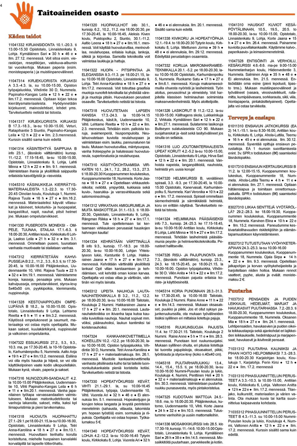 00, Opiston työpajaluokka, Vihdintie 30 D, Nummela. Papinaho-Kangas Leila 12 h 22 e Ilm.17.2. mennessä. Opitaan kirjan tekoa kierrätysmateriaaleista.