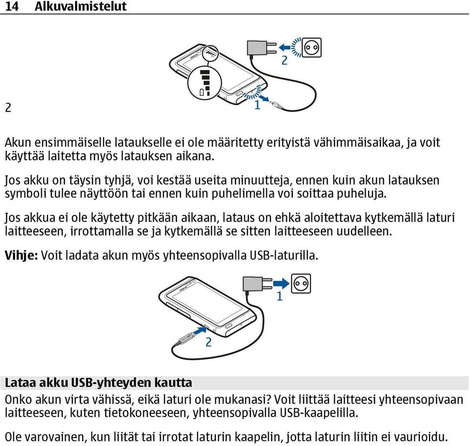 Jos akkua ei ole käytetty pitkään aikaan, lataus on ehkä aloitettava kytkemällä laturi laitteeseen, irrottamalla se ja kytkemällä se sitten laitteeseen uudelleen.