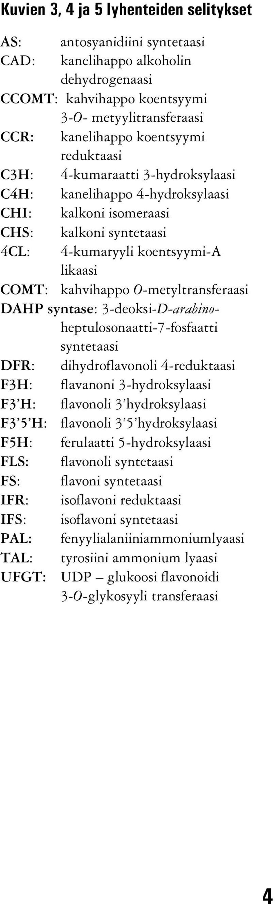 O-metyltransferaasi DAHP syntase: 3-deoksi-D-arabinoheptulosonaatti-7-fosfaatti syntetaasi DFR: dihydroflavonoli 4-reduktaasi F3H: flavanoni 3-hydroksylaasi F3 H: flavonoli 3 hydroksylaasi F3 5 H: