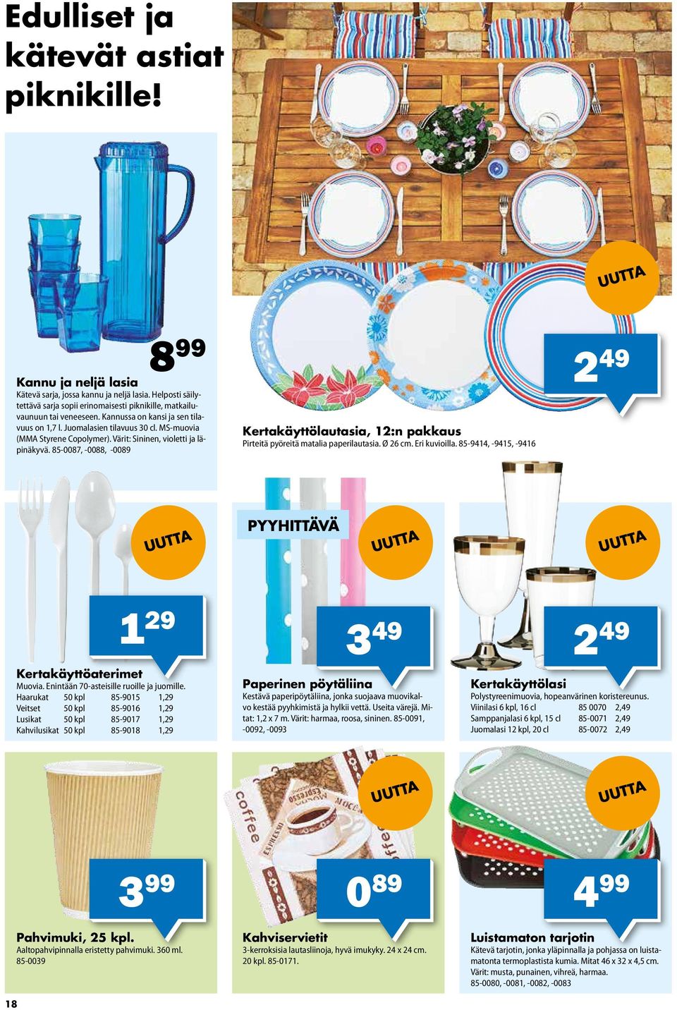 85-0087, -0088, -0089 8 99 2 49 Kertakäyttölautasia, 12:n pakkaus Pirteitä pyöreitä matalia paperilautasia. Ø 26 cm. Eri kuvioilla.