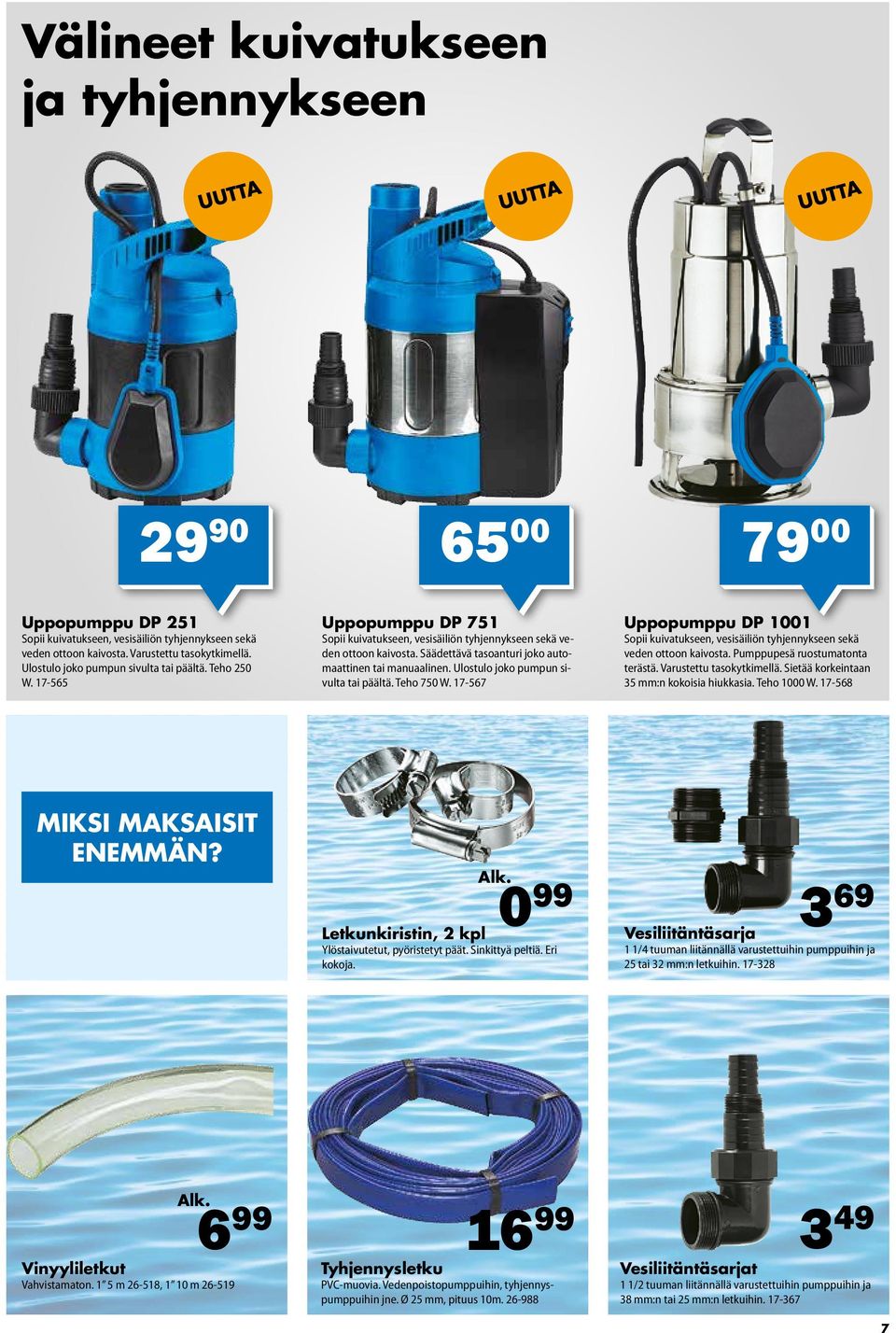 Säädettävä tasoanturi joko automaattinen tai manuaalinen. Ulostulo joko pumpun sivulta tai päältä. Teho 750 W.