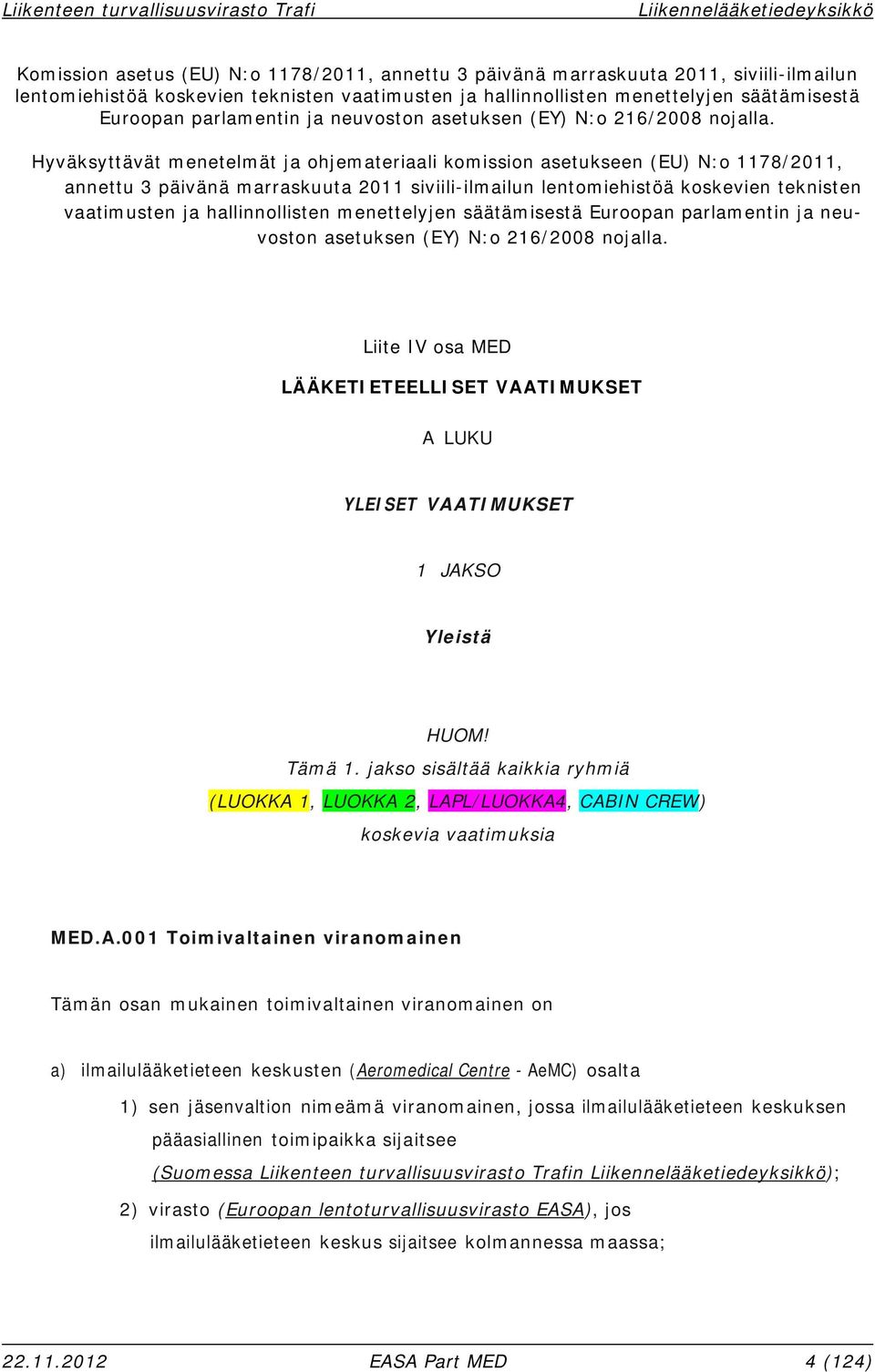 Hyväksyttävät menetelmät ja ohjemateriaali komission asetukseen (EU) N:o 1178/2011, annettu 3 päivänä marraskuuta 2011 siviili-ilmailun lentomiehistöä koskevien teknisten vaatimusten ja