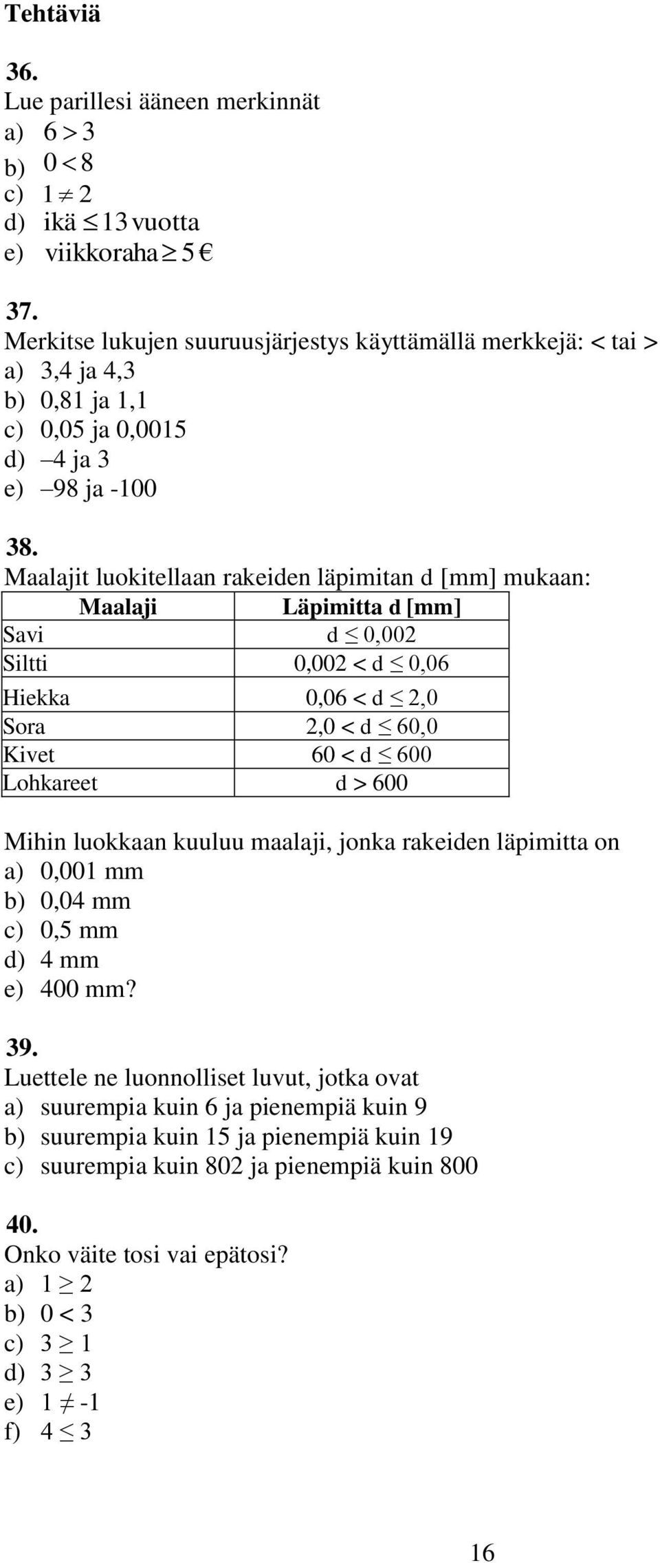 Maalajit luokitellaan rakeiden läpimitan d [mm] mukaan: Maalaji Läpimitta d [mm] Savi d 0,00 Siltti 0,00 < d 0,06 Hiekka 0,06 < d,0 Sora,0 < d 60,0 Kivet 60 < d 600