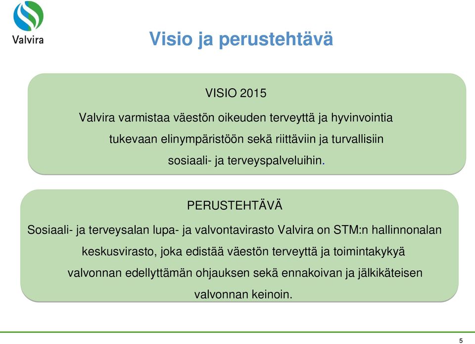 PERUSTEHTÄVÄ Sosiaali- ja terveysalan lupa- ja valvontavirasto Valvira on STM:n hallinnonalan