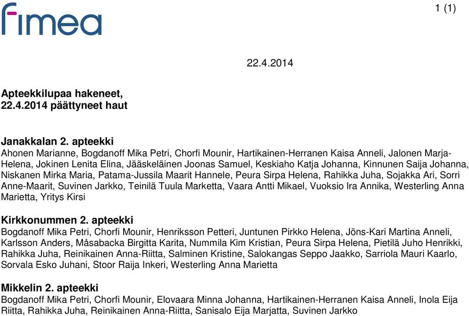 Kinnunen Saija Johanna, Niskanen Mirka Maria, Patama-Jussila Maarit Hannele, Peura Sirpa Helena, Rahikka Juha, Sojakka Ari, Sorri Anne-Maarit, Suvinen Jarkko, Teinilä Tuula Marketta, Vaara Antti