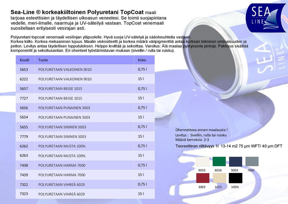Korkea mekaaninen lujuus. Maalin viskositeetti ja korkea määrä väripigmenttiä antaa korkean teknisen ominaisuuden ja peiton. Levitys antaa täydellisen lopputuloksen. Helppo levittää ja sekoittaa.